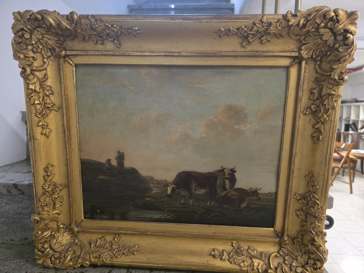 Olio su tavola paesaggio fiammingo con mucche e contadini metà del seicento-photo-2