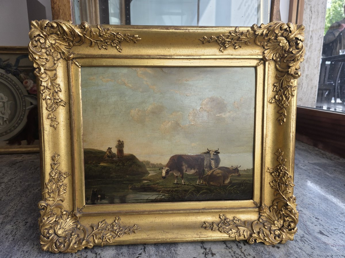 Olio su tavola paesaggio fiammingo con mucche e contadini metà del seicento-photo-3