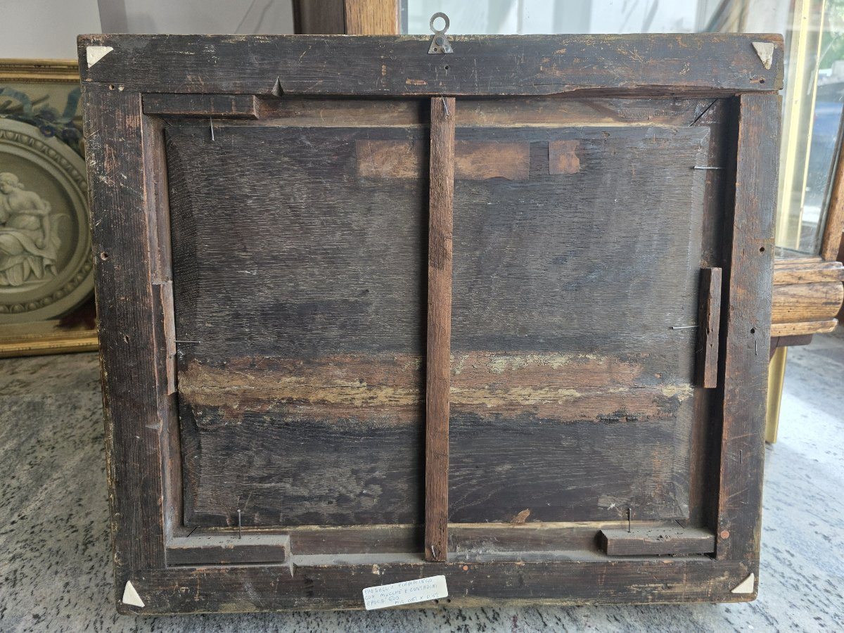 Olio su tavola paesaggio fiammingo con mucche e contadini metà del seicento-photo-4