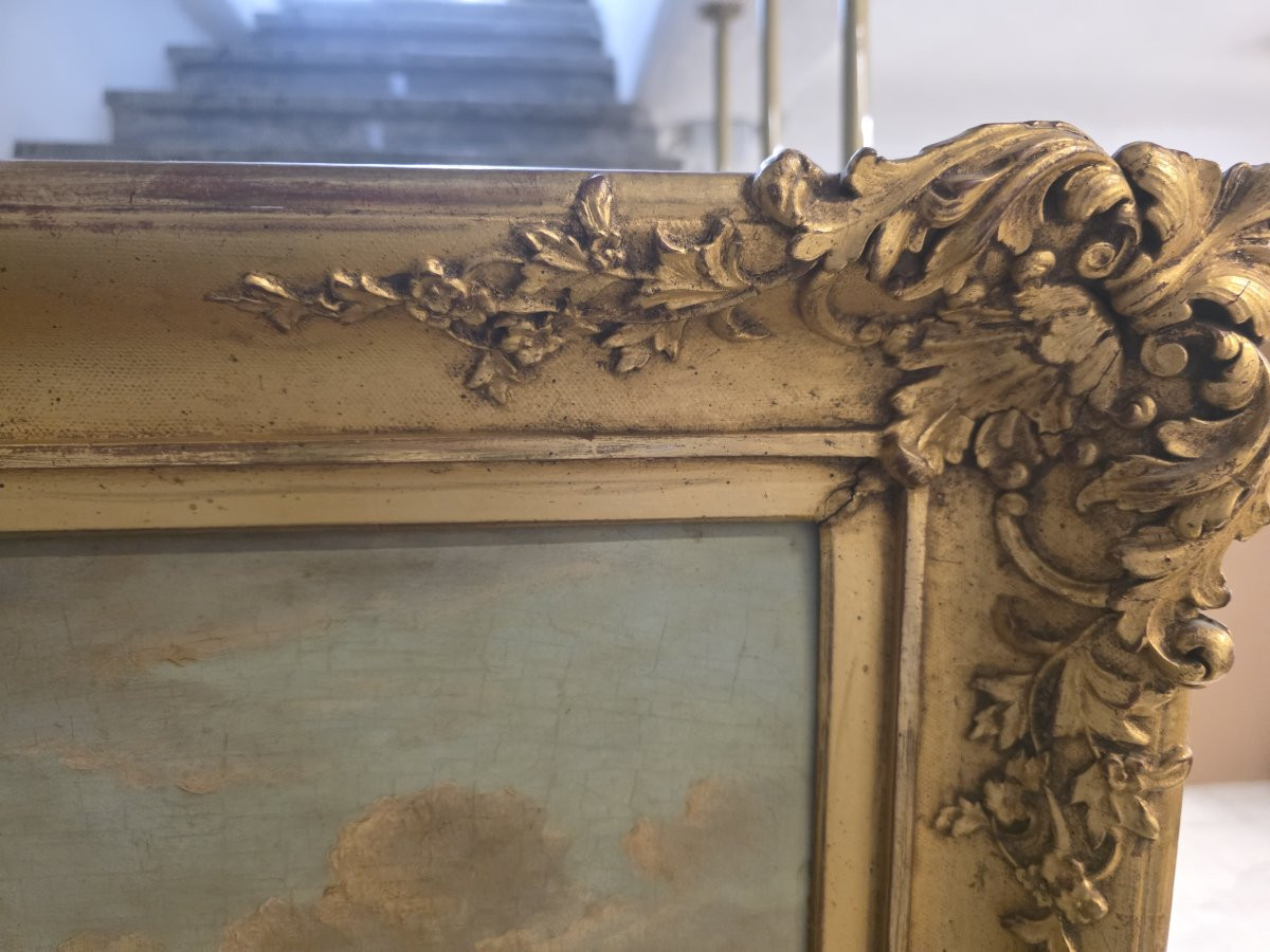 Olio su tavola paesaggio fiammingo con mucche e contadini metà del seicento-photo-2