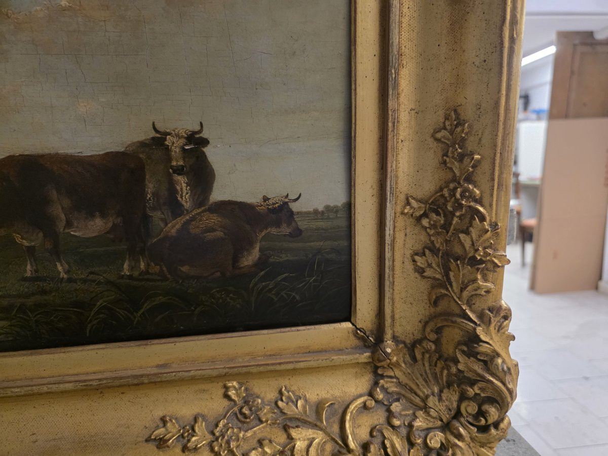 Olio su tavola paesaggio fiammingo con mucche e contadini metà del seicento-photo-3