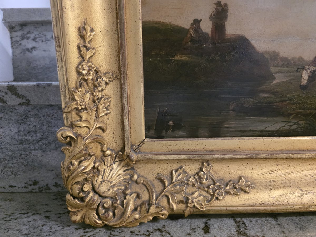 Olio su tavola paesaggio fiammingo con mucche e contadini metà del seicento-photo-4