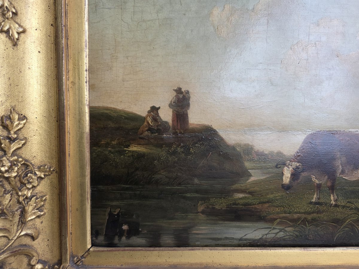 Olio su tavola paesaggio fiammingo con mucche e contadini metà del seicento-photo-6