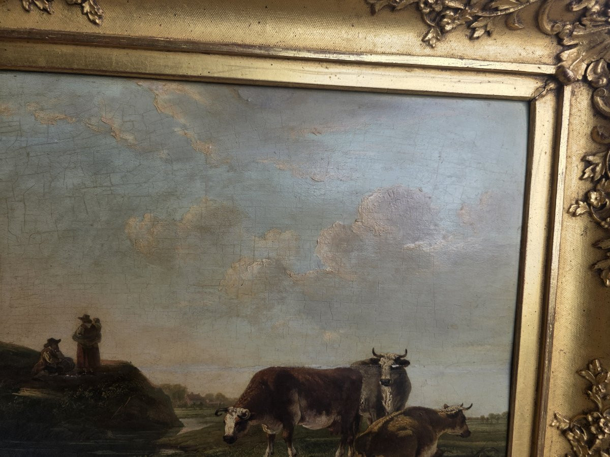 Olio su tavola paesaggio fiammingo con mucche e contadini metà del seicento-photo-7