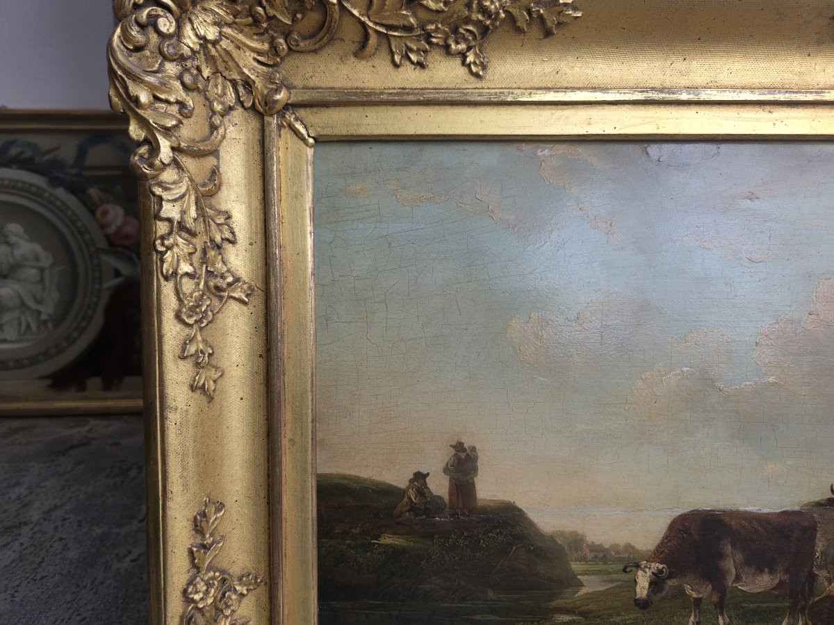 Olio su tavola paesaggio fiammingo con mucche e contadini metà del seicento-photo-8