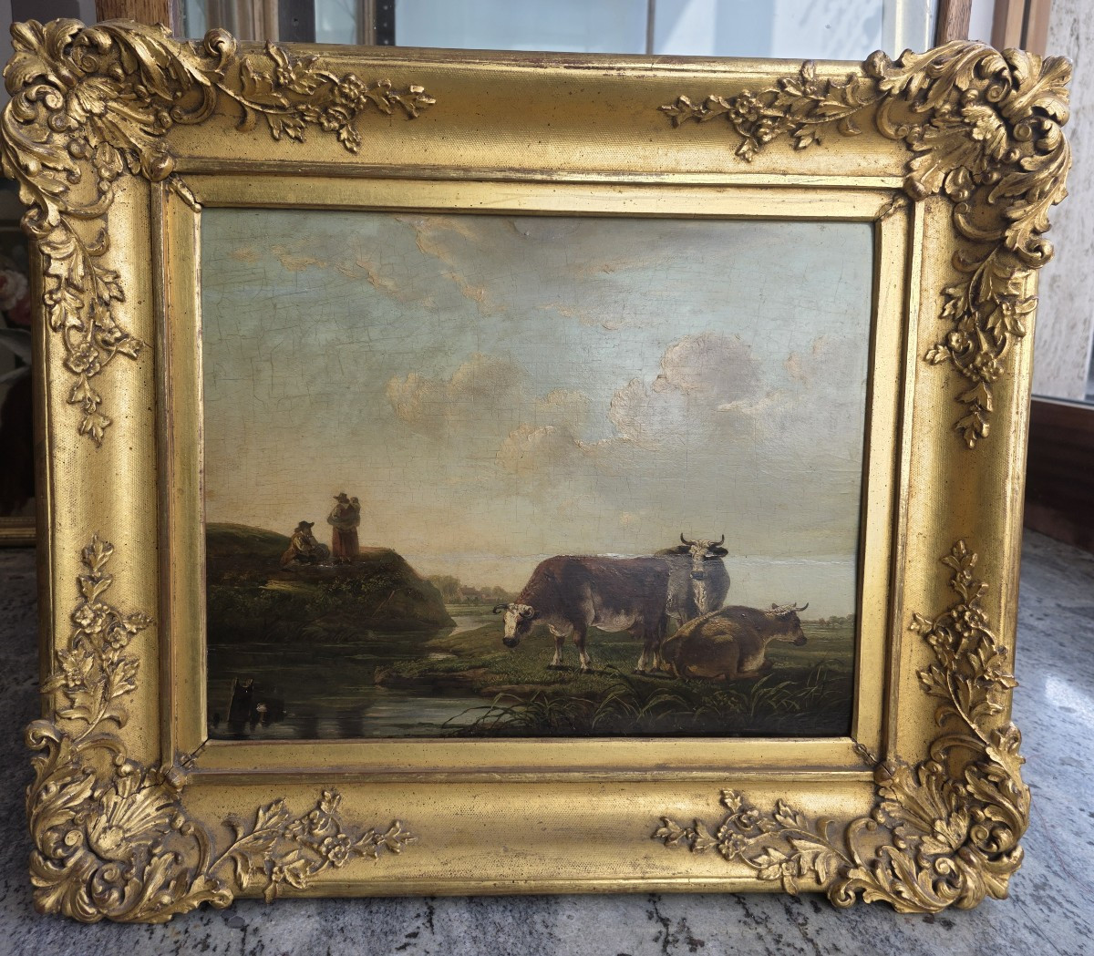 Olio su tavola paesaggio fiammingo con mucche e contadini metà del seicento