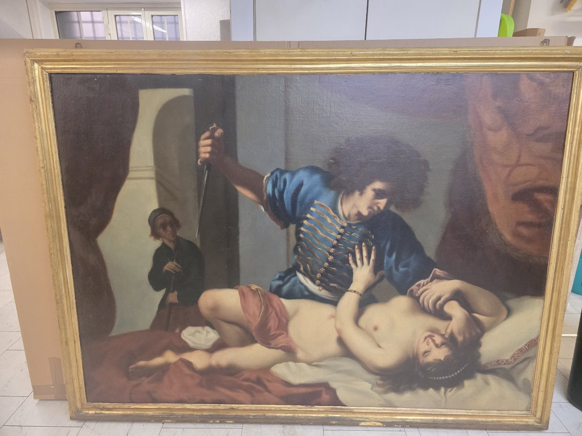 Dopo Felice Ficherelli, detto il Riposo olio su tela "Tarquinio e Lucrezia" fine seicento.-photo-2