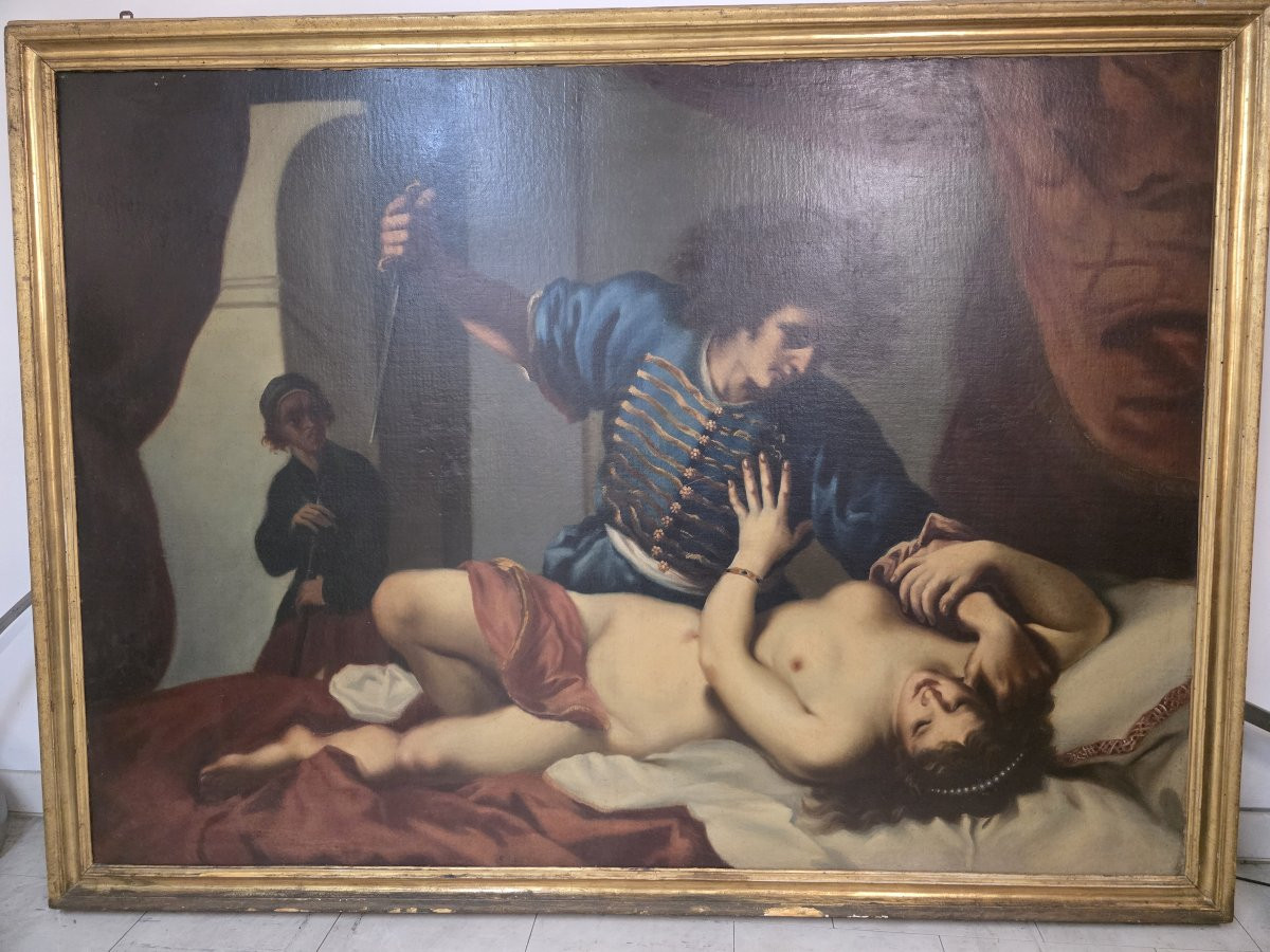 Dopo Felice Ficherelli, detto il Riposo olio su tela "Tarquinio e Lucrezia" fine seicento.-photo-4