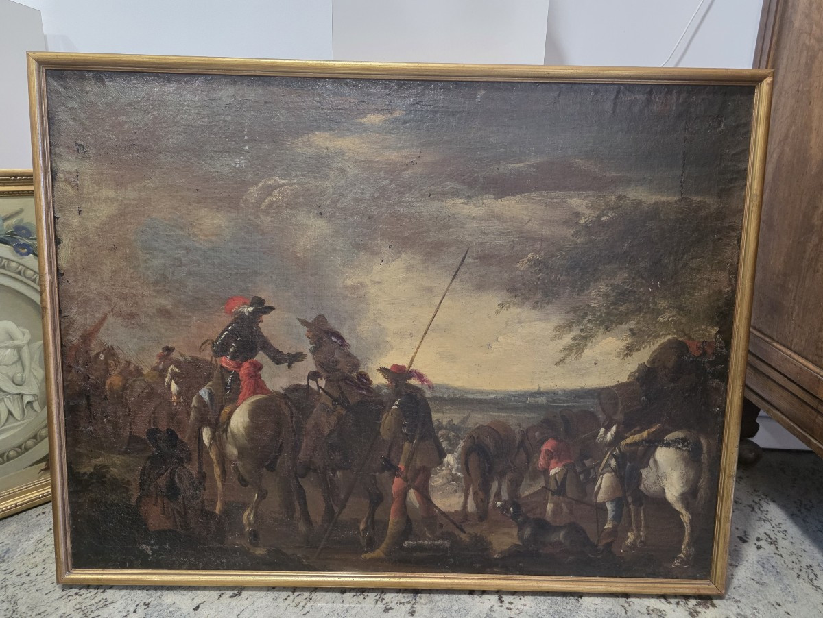 Olio su tela raffigurante scena dopo la Battaglia. Epoca XVII secolo