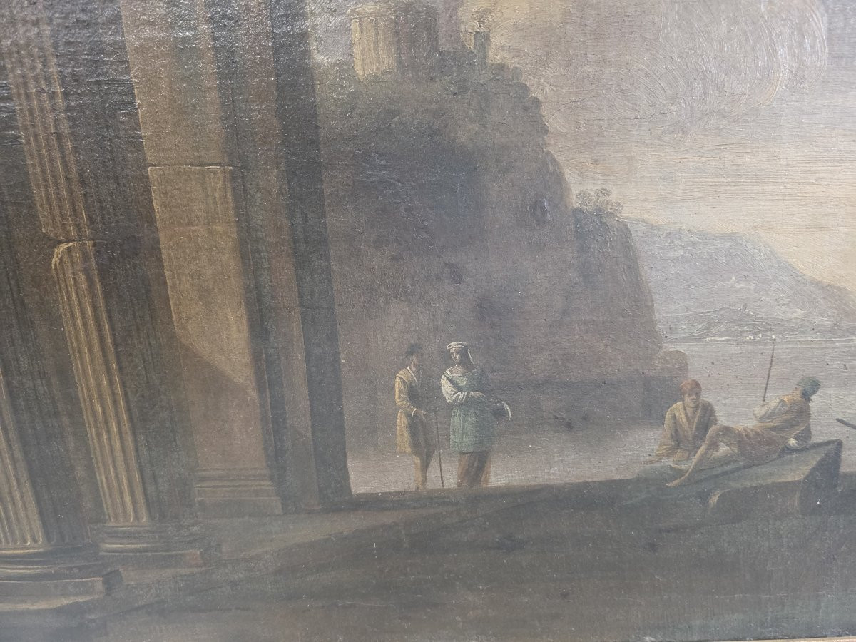 Scuola italiana, XVIII secolo, capriccio di rovine architettoniche con personaggi-photo-3