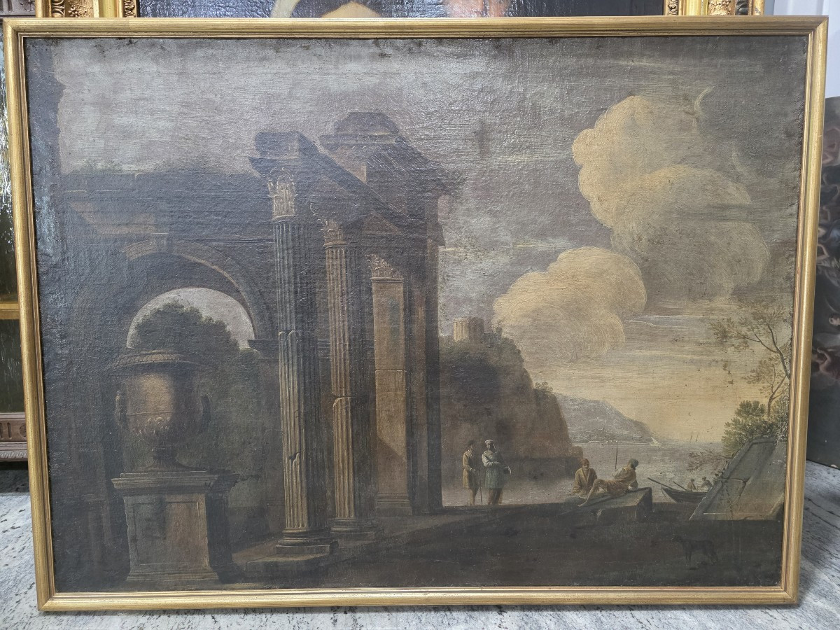 Scuola italiana, XVIII secolo, capriccio di rovine architettoniche con personaggi-photo-2