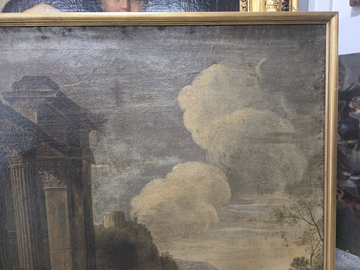 Scuola italiana, XVIII secolo, capriccio di rovine architettoniche con personaggi-photo-3