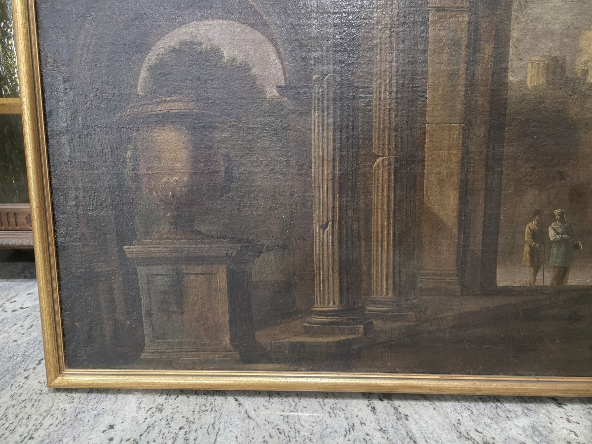 Scuola italiana, XVIII secolo, capriccio di rovine architettoniche con personaggi-photo-5