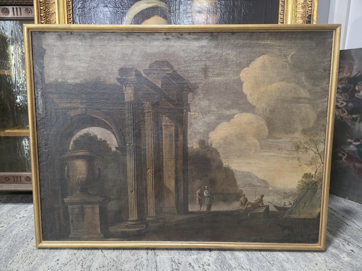 Scuola italiana, XVIII secolo, capriccio di rovine architettoniche con personaggi