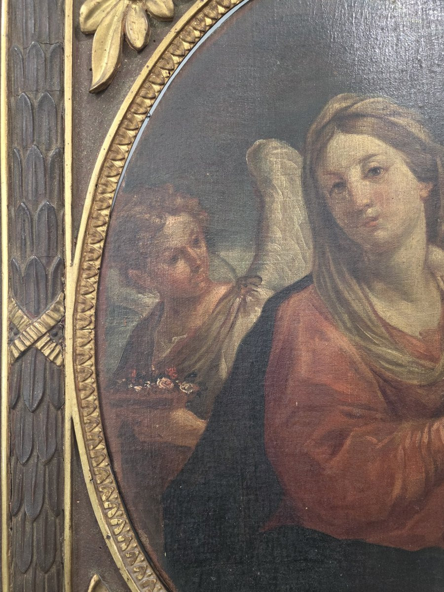 Olio su﻿ tela ovale raffigurante Madonna e Bambino e Angelo. Italia XVII-photo-3