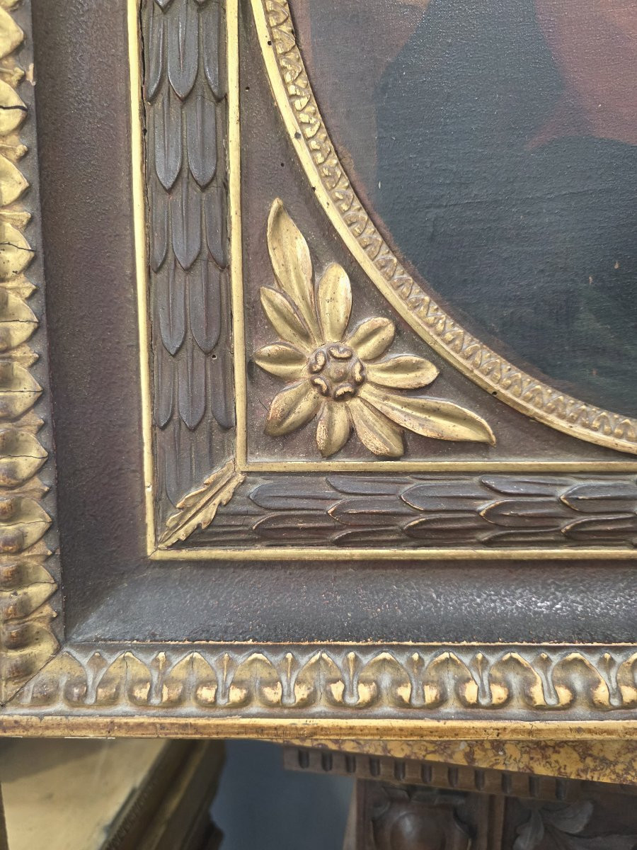 Olio su﻿ tela ovale raffigurante Madonna e Bambino e Angelo. Italia XVII-photo-1