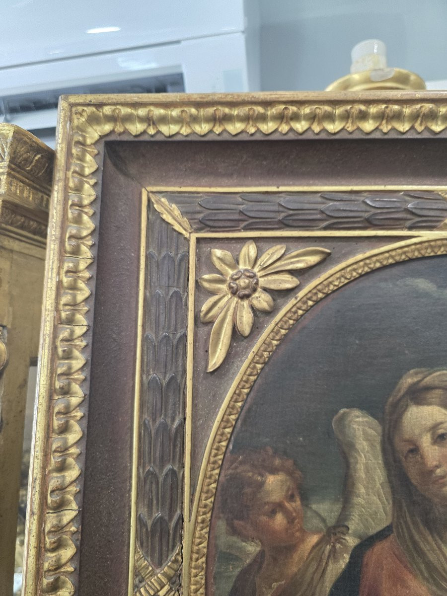 Olio su﻿ tela ovale raffigurante Madonna e Bambino e Angelo. Italia XVII-photo-2