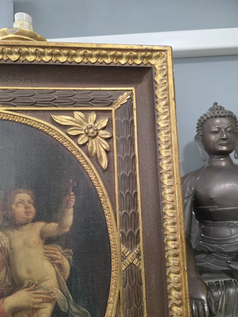 Olio su﻿ tela ovale raffigurante Madonna e Bambino e Angelo. Italia XVII-photo-3