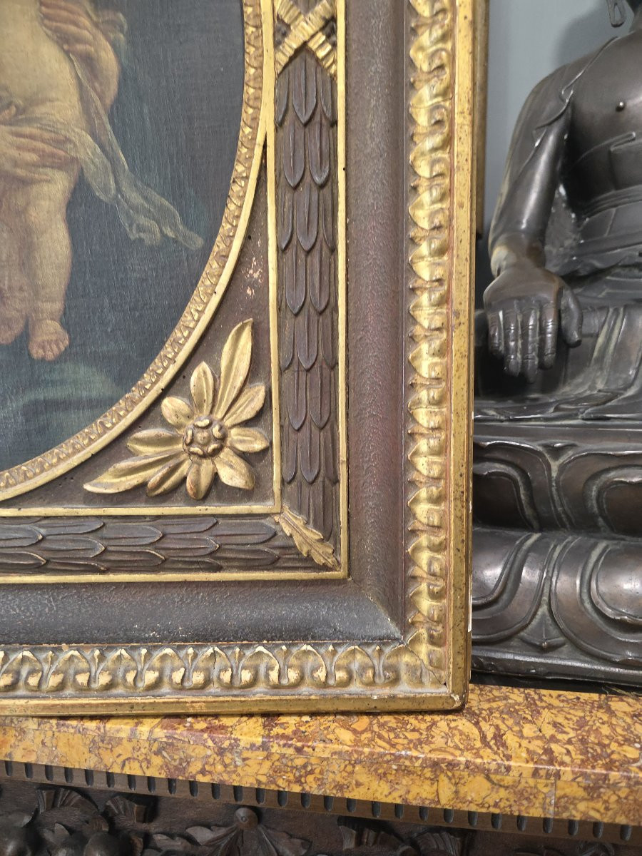 Olio su﻿ tela ovale raffigurante Madonna e Bambino e Angelo. Italia XVII-photo-4