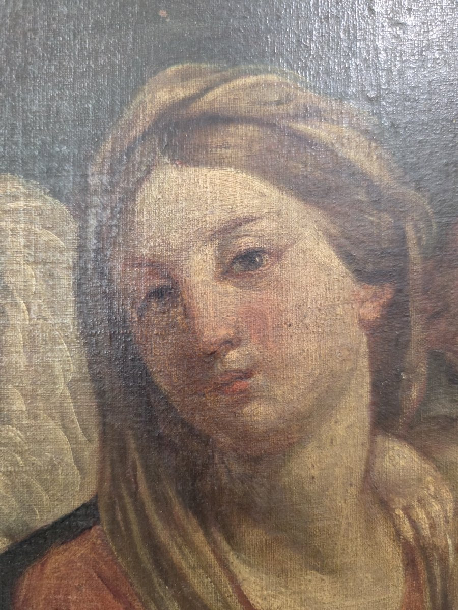 Olio su﻿ tela ovale raffigurante Madonna e Bambino e Angelo. Italia XVII-photo-6