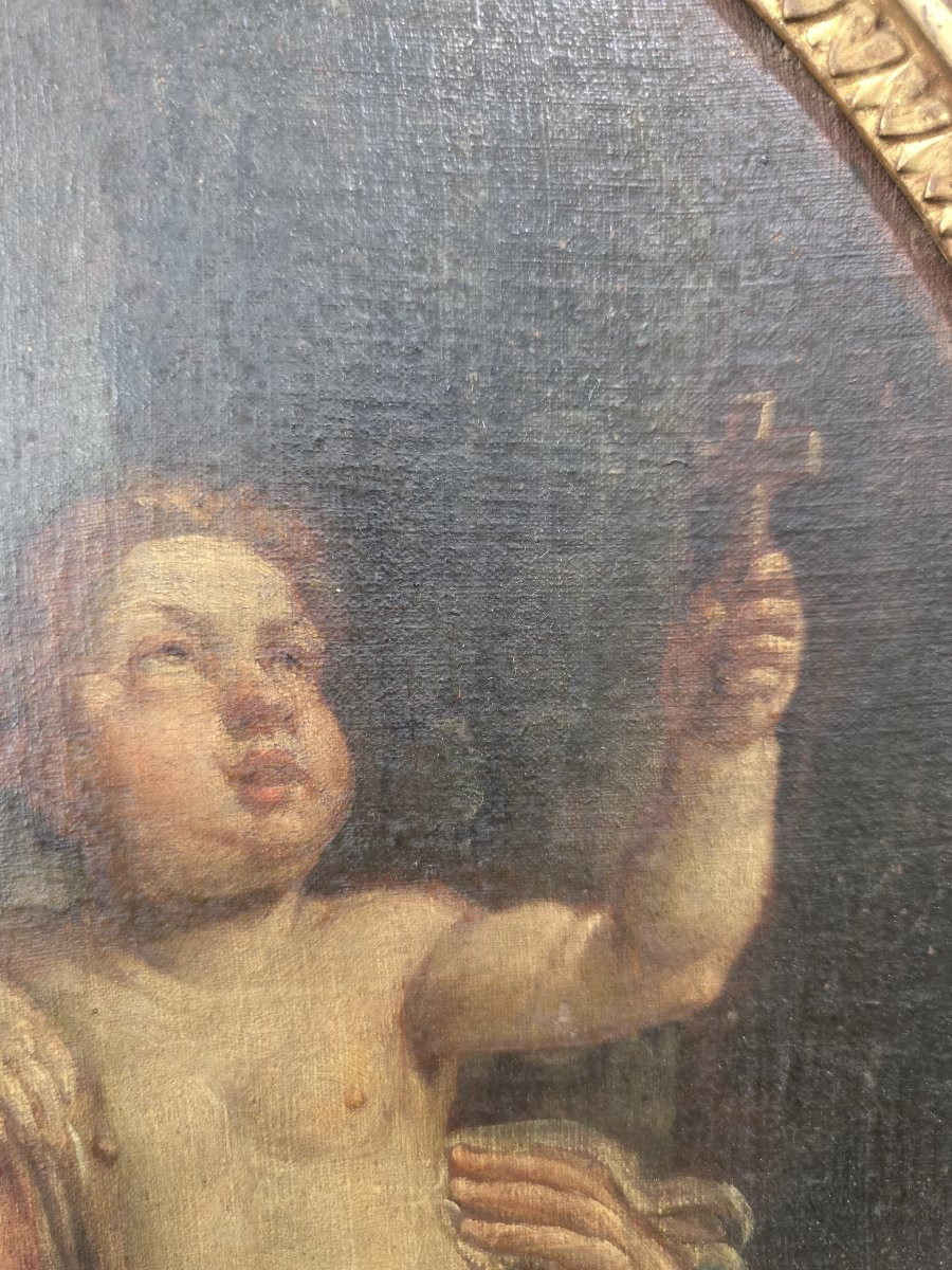 Olio su﻿ tela ovale raffigurante Madonna e Bambino e Angelo. Italia XVII-photo-7