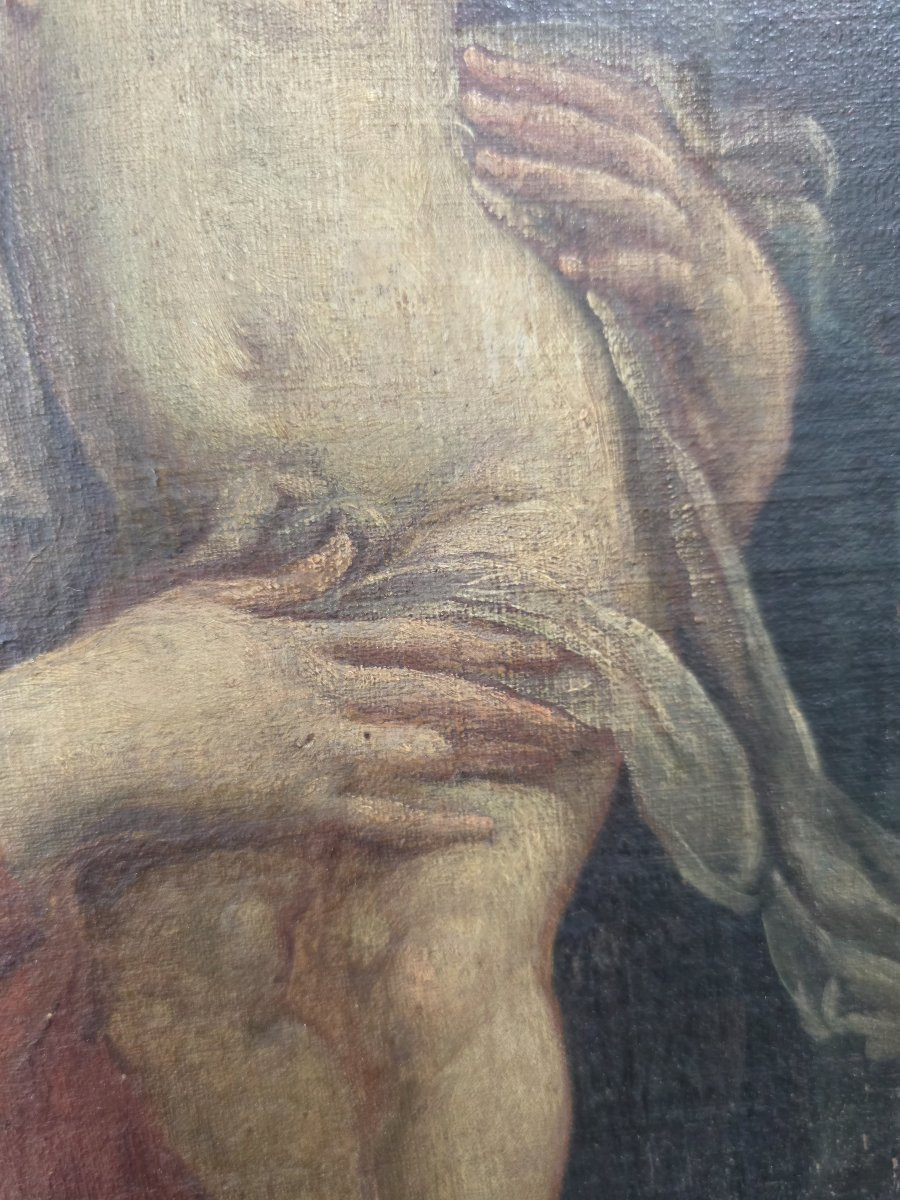 Olio su﻿ tela ovale raffigurante Madonna e Bambino e Angelo. Italia XVII-photo-8