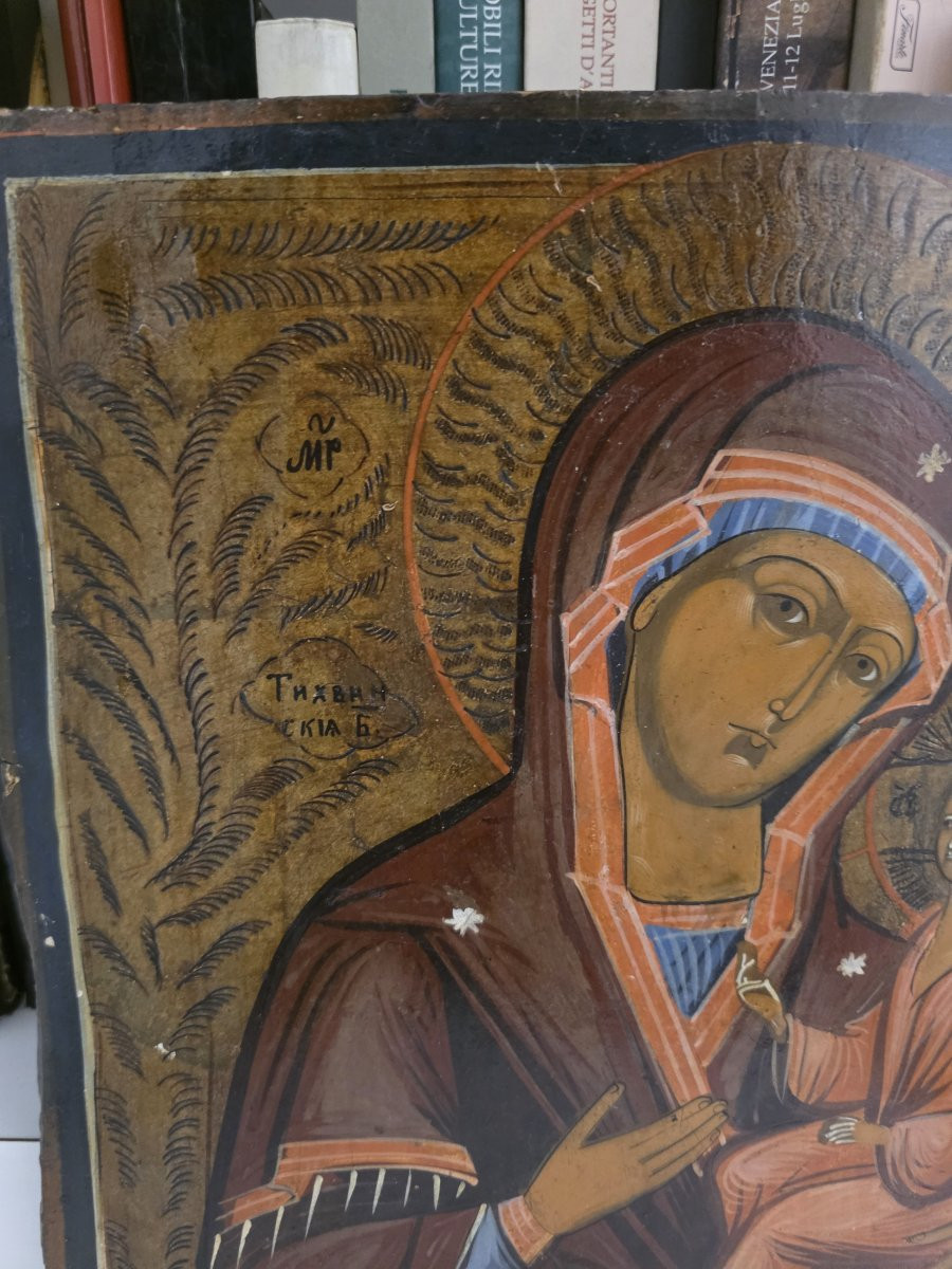Icona russa raffigurante la Madonna di Tikhvin epoca fine ottocento-photo-2