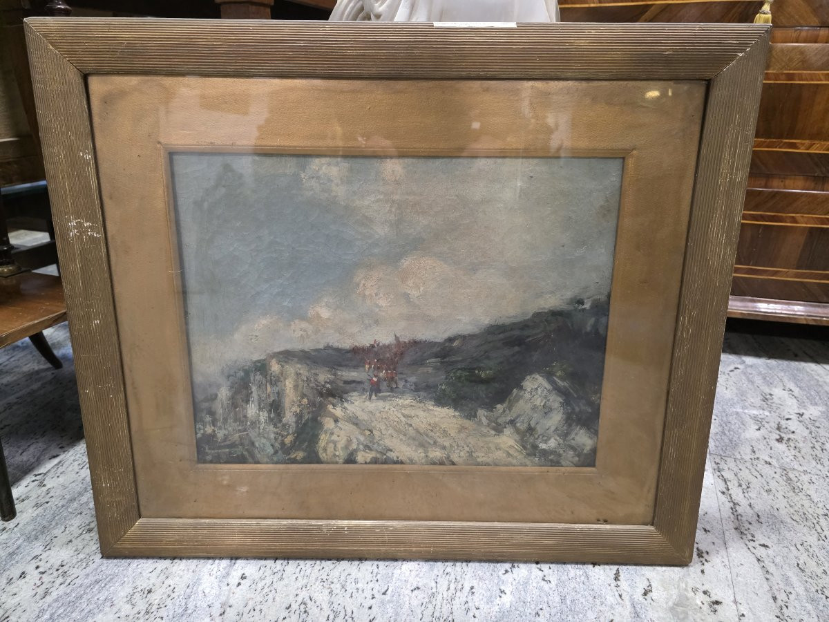 Olio su tela "La marcia dei Garibaldini" Cesare Uva seconda metà XIX-photo-2