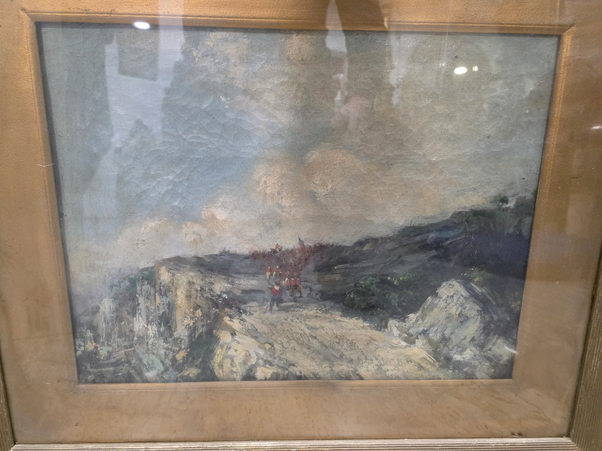 Olio su tela "La marcia dei Garibaldini" Cesare Uva seconda metà XIX-photo-3