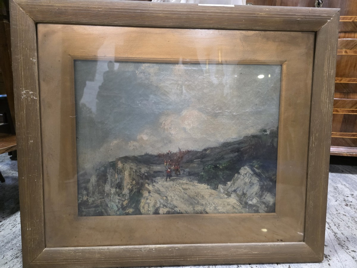 Olio su tela "La marcia dei Garibaldini" Cesare Uva seconda metà XIX