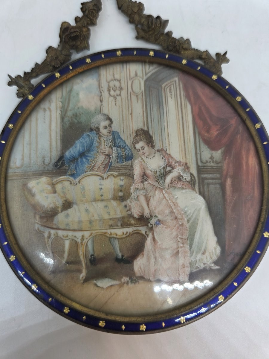 Miniatura circolare incorniciata, che ritrae una scena galante. Francia periodo Napoleone III-photo-2