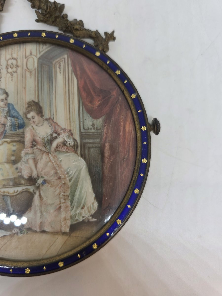 Miniatura circolare incorniciata, che ritrae una scena galante. Francia periodo Napoleone III-photo-3