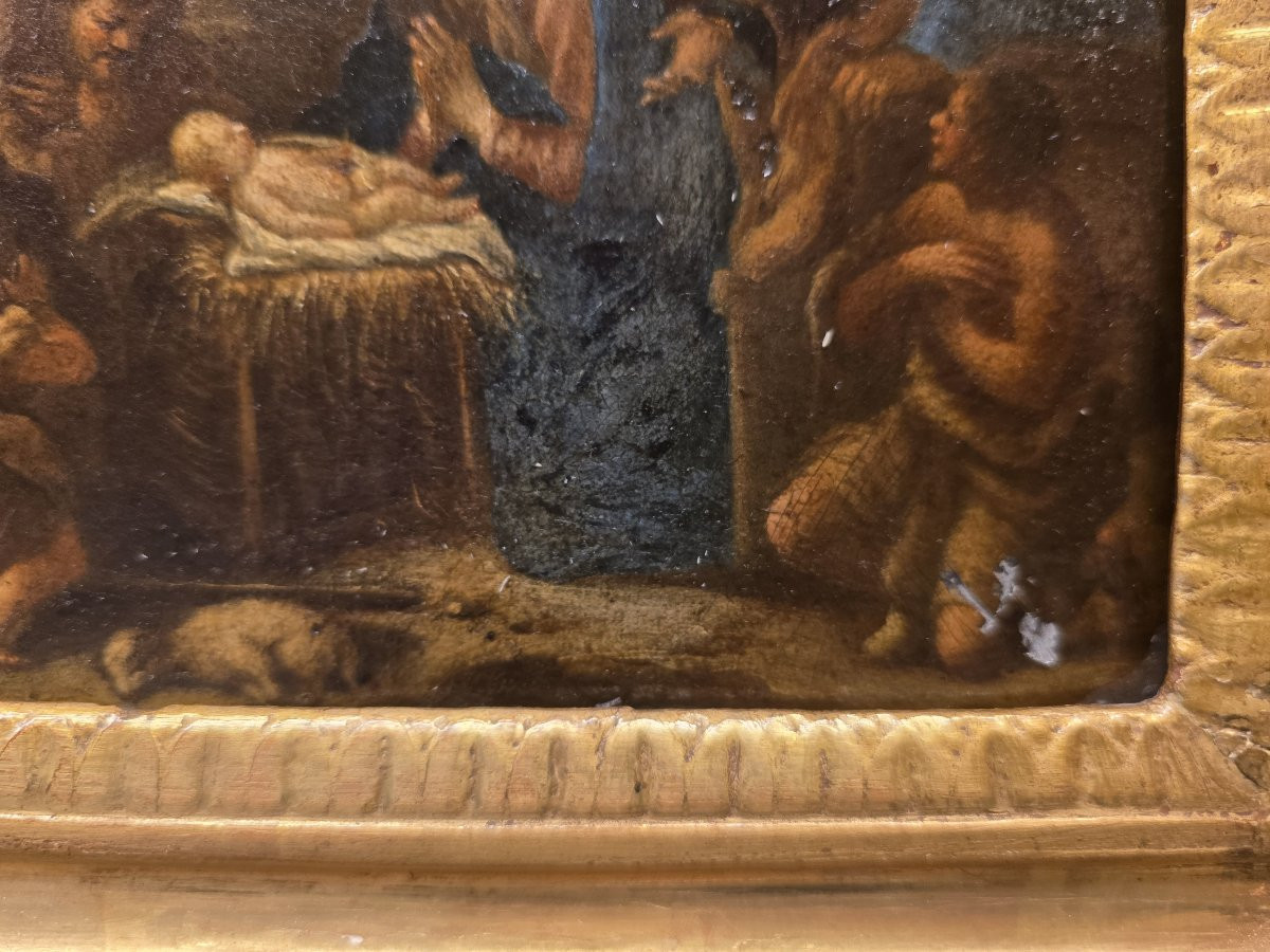 Olio su tavola "l'Adorazione dei Pastori" Italia XVII secolo-photo-4