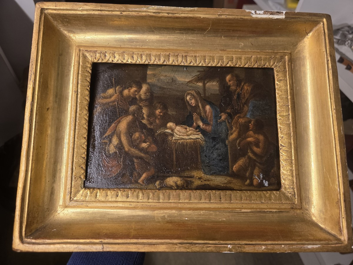 Olio su tavola "l'Adorazione dei Pastori" Italia XVII secolo-photo-3