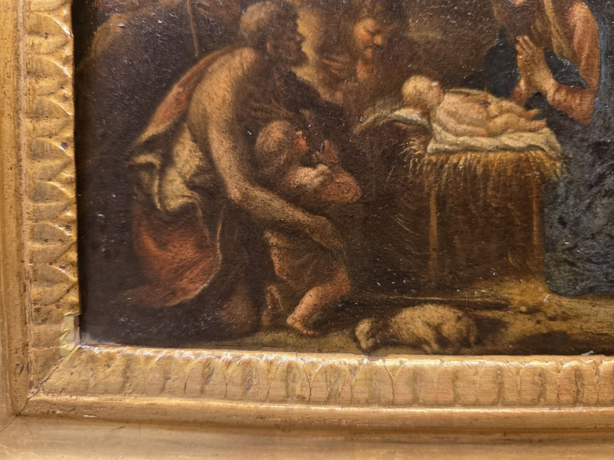 Olio su tavola "l'Adorazione dei Pastori" Italia XVII secolo-photo-1