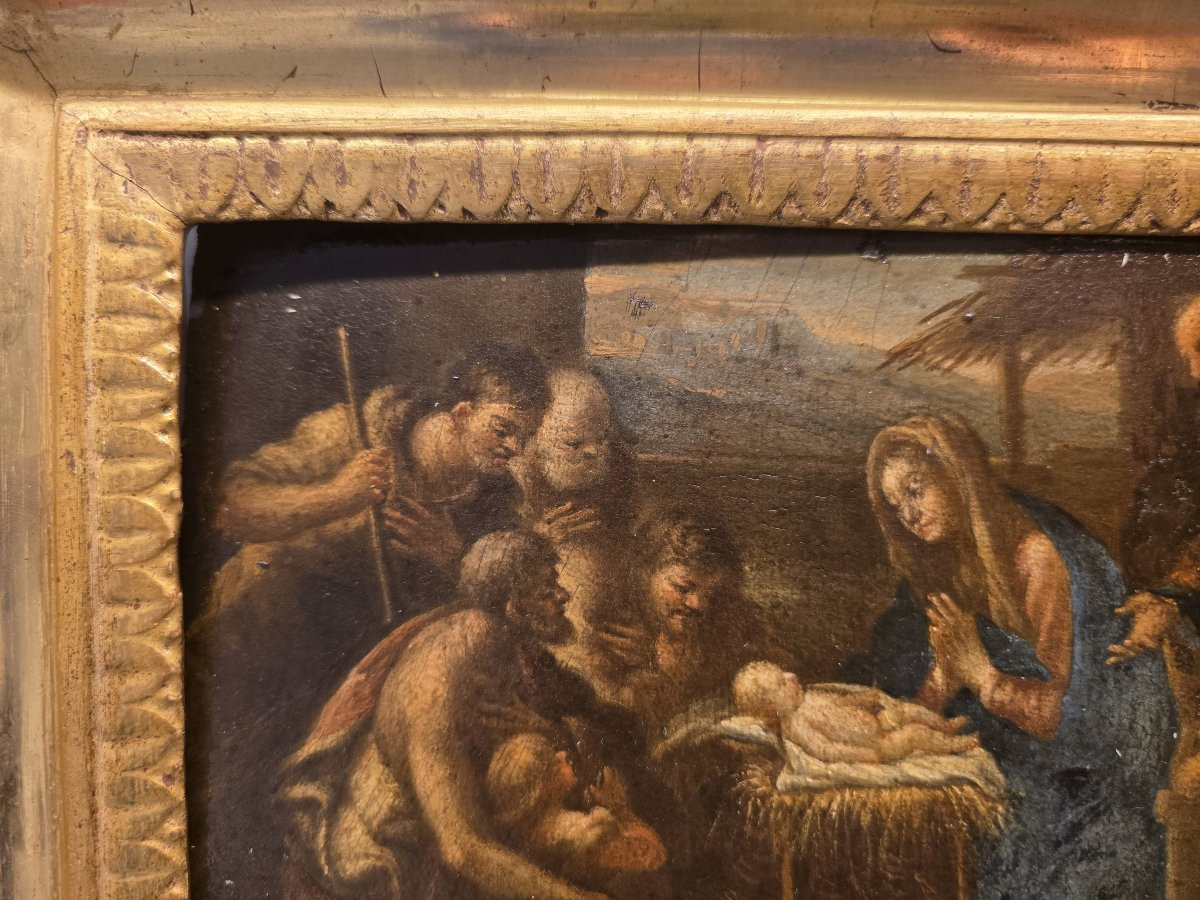 Olio su tavola "l'Adorazione dei Pastori" Italia XVII secolo-photo-2