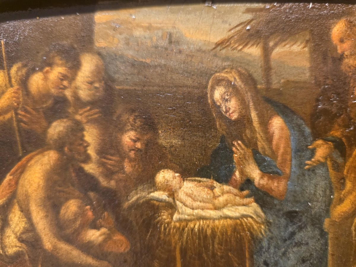 Olio su tavola "l'Adorazione dei Pastori" Italia XVII secolo-photo-3