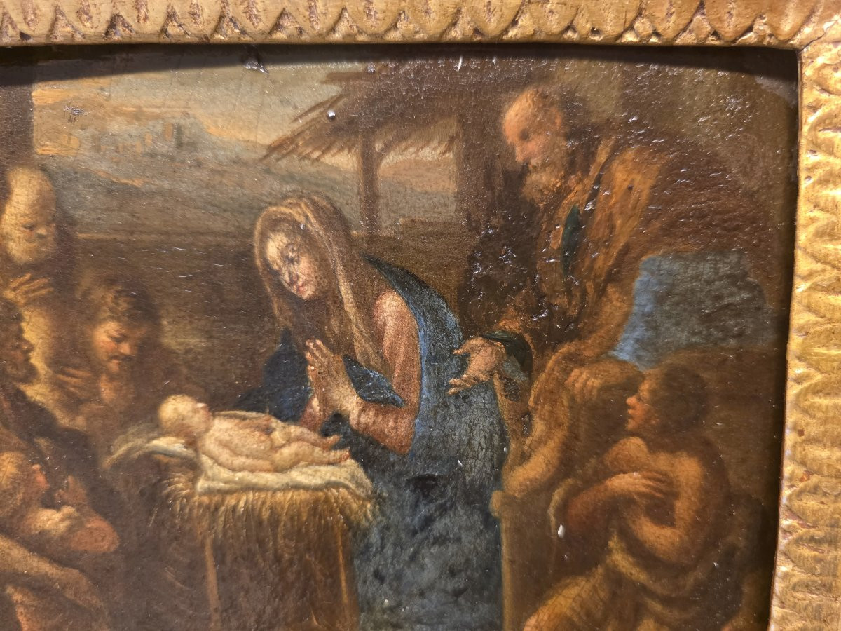 Olio su tavola "l'Adorazione dei Pastori" Italia XVII secolo-photo-4