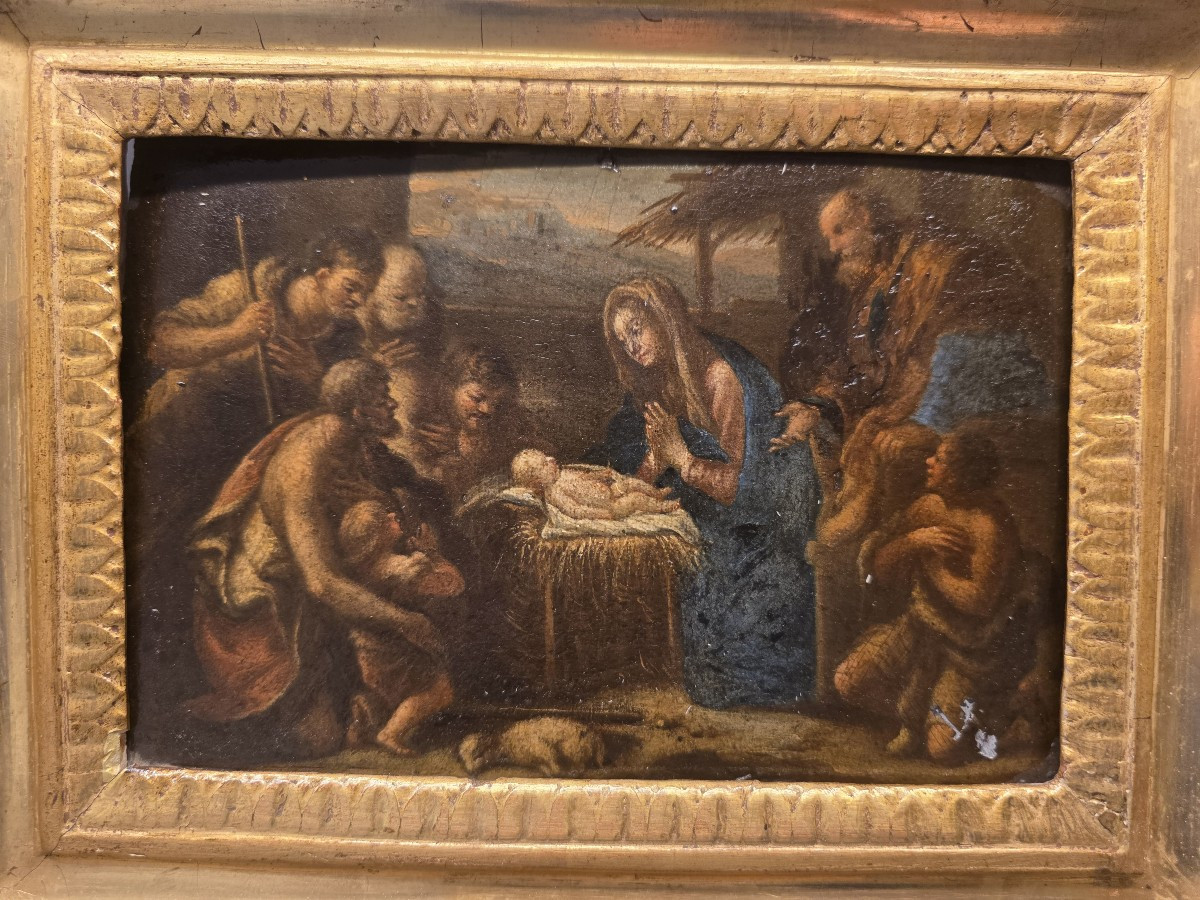 Olio su tavola "l'Adorazione dei Pastori" Italia XVII secolo