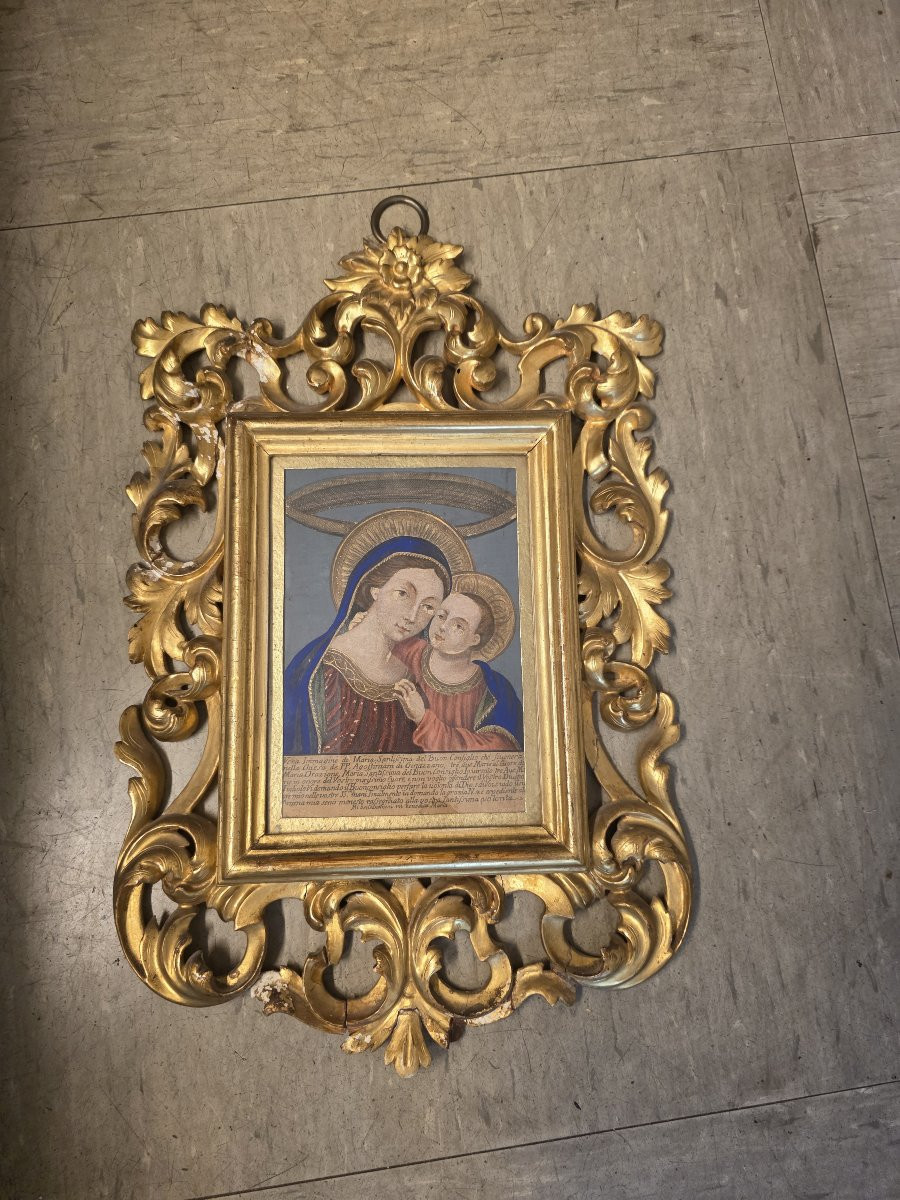 Cornice dorata dell'ottocento e Incisione colorata XIX Madonna del Buon Consiglio-photo-3