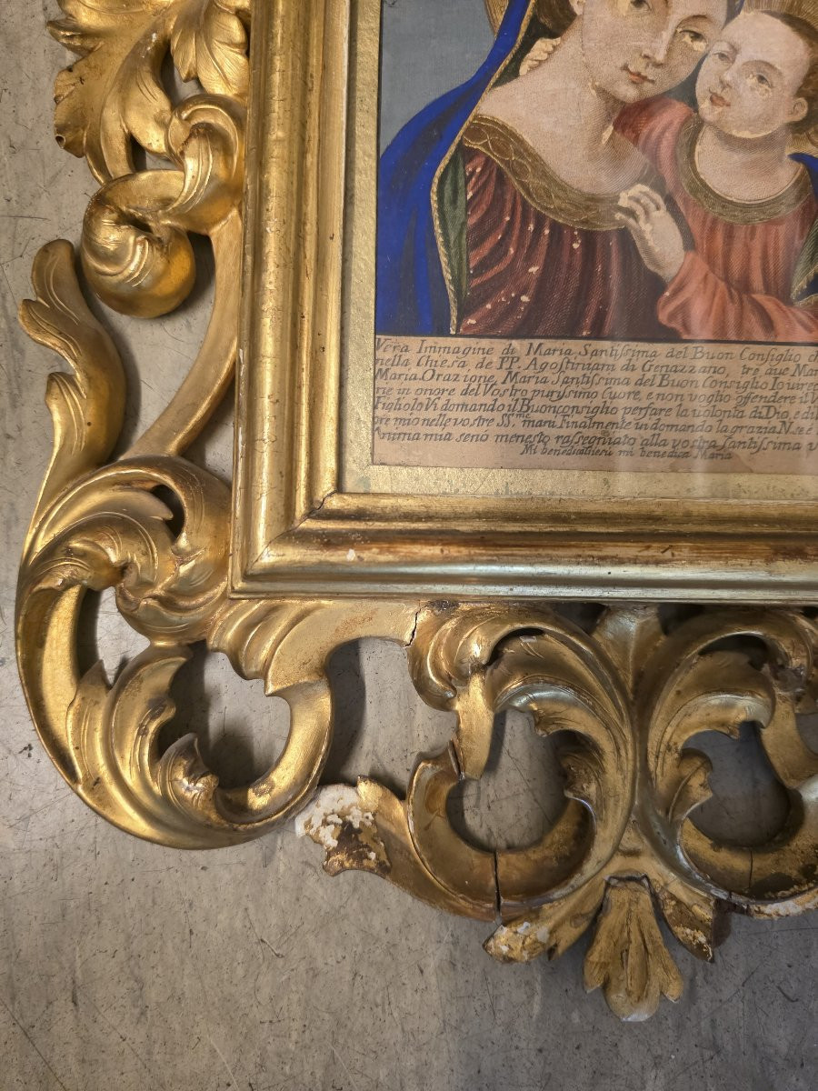 Cornice dorata dell'ottocento e Incisione colorata XIX Madonna del Buon Consiglio-photo-4