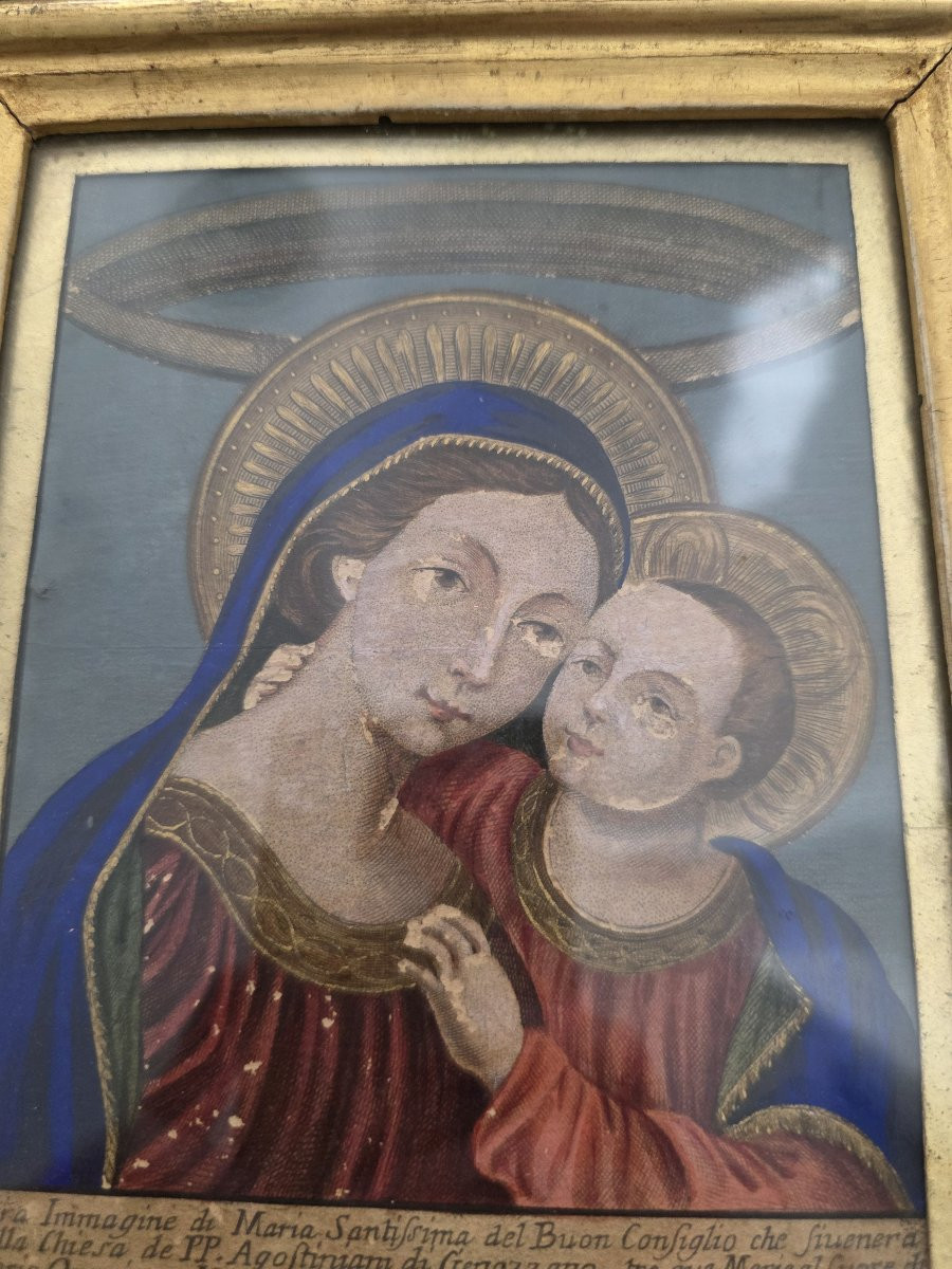 Cornice dorata dell'ottocento e Incisione colorata XIX Madonna del Buon Consiglio-photo-1