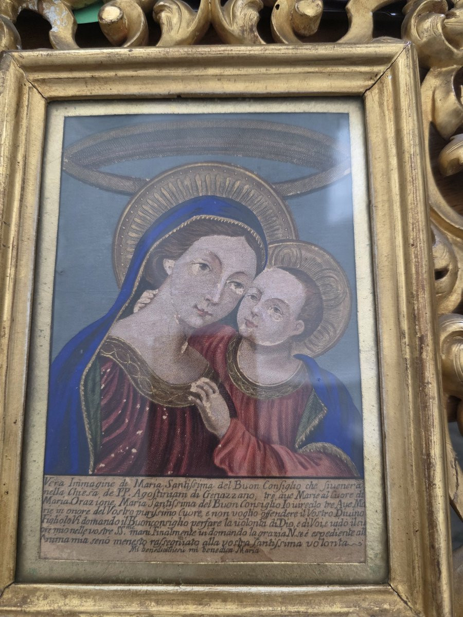 Cornice dorata dell'ottocento e Incisione colorata XIX Madonna del Buon Consiglio-photo-2
