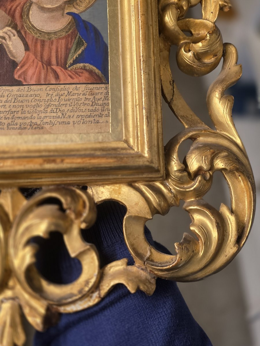 Cornice dorata dell'ottocento e Incisione colorata XIX Madonna del Buon Consiglio-photo-4