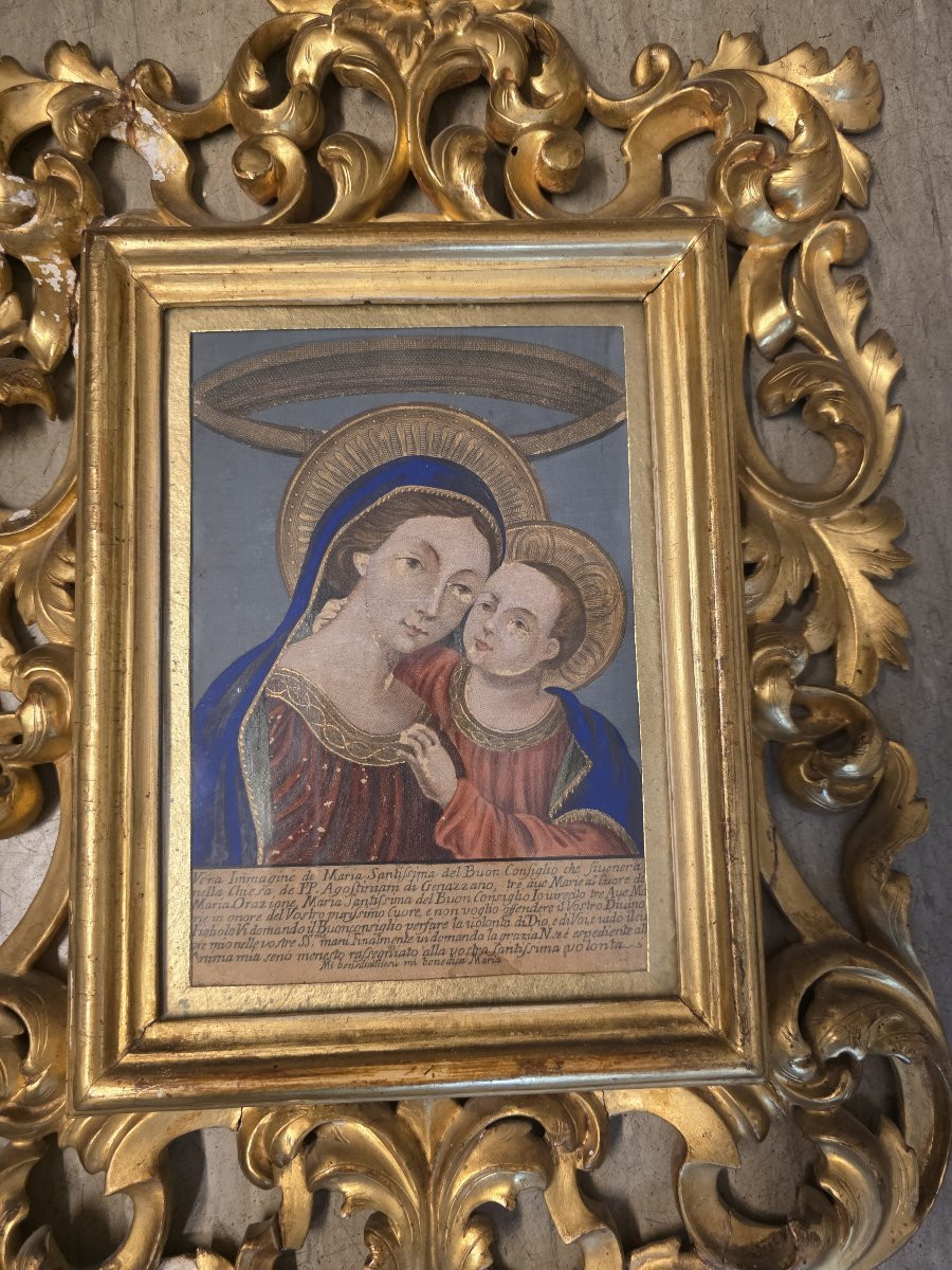 Cornice dorata dell'ottocento e Incisione colorata XIX Madonna del Buon Consiglio-photo-8