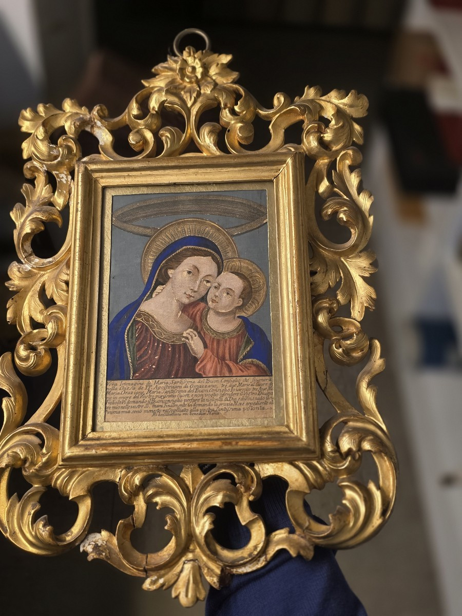 Cornice dorata dell'ottocento e Incisione colorata XIX Madonna del Buon Consiglio