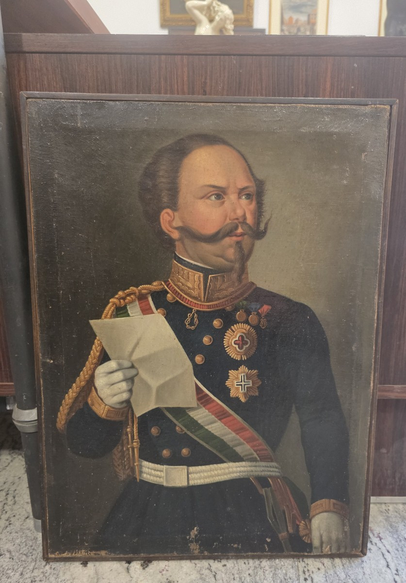 Olio su tela periodo del Risorgimento italiano raffigurante  Vittorio Emanuele II di Savoia
