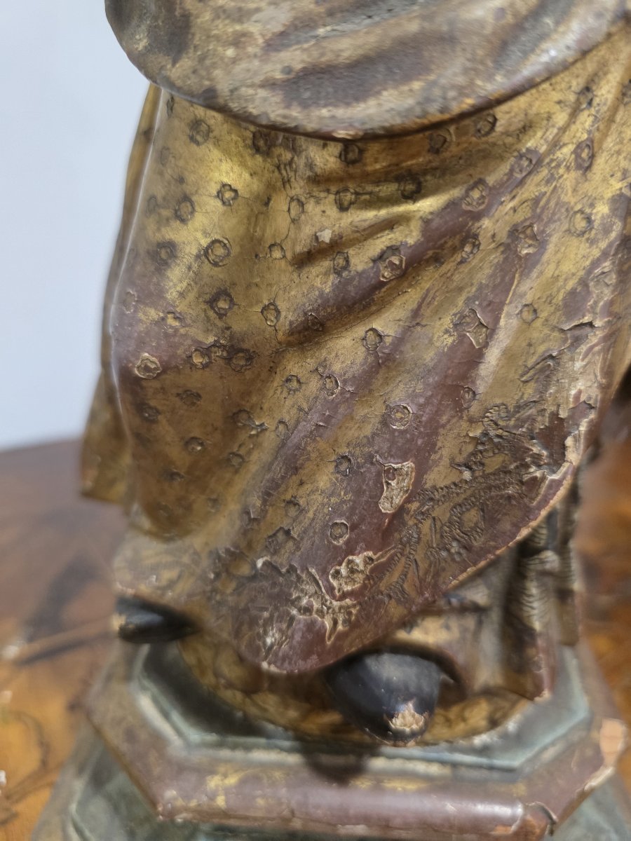 Scultura in legno dorato e dipinto raffigurante "Madonna col Bambino" Spagna fine seicento-photo-1