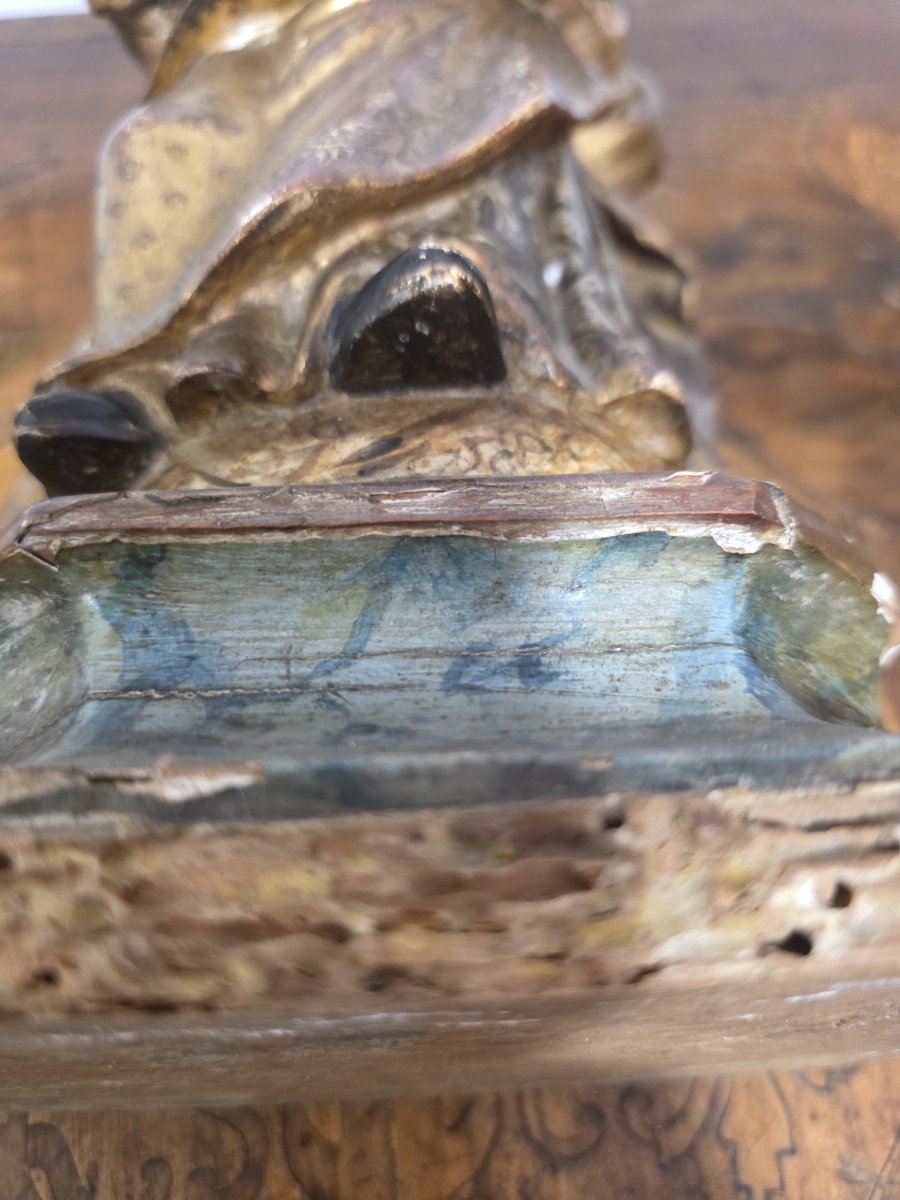 Scultura in legno dorato e dipinto raffigurante "Madonna col Bambino" Spagna fine seicento-photo-6