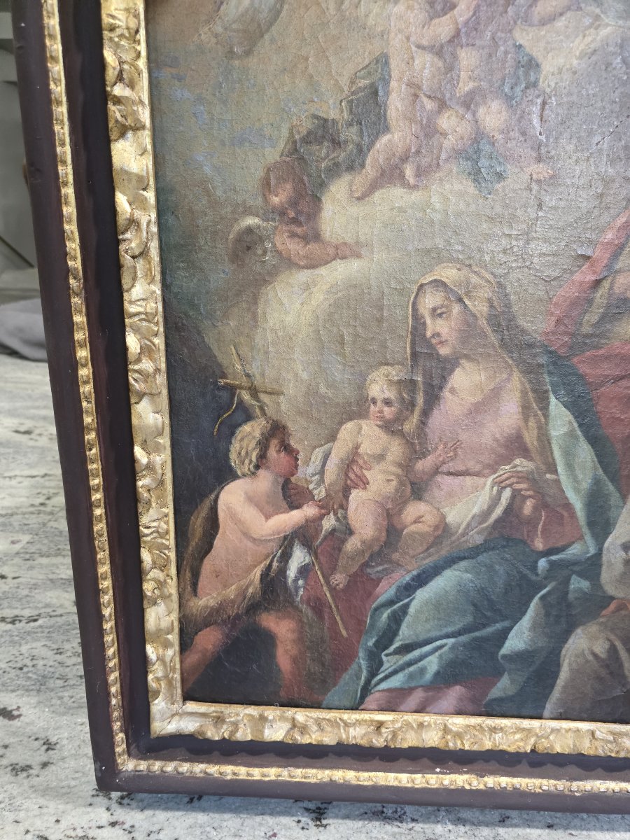 Olio su tela "Sacra Famiglia con San Giovannino e Santi" Napoli settecento-photo-4